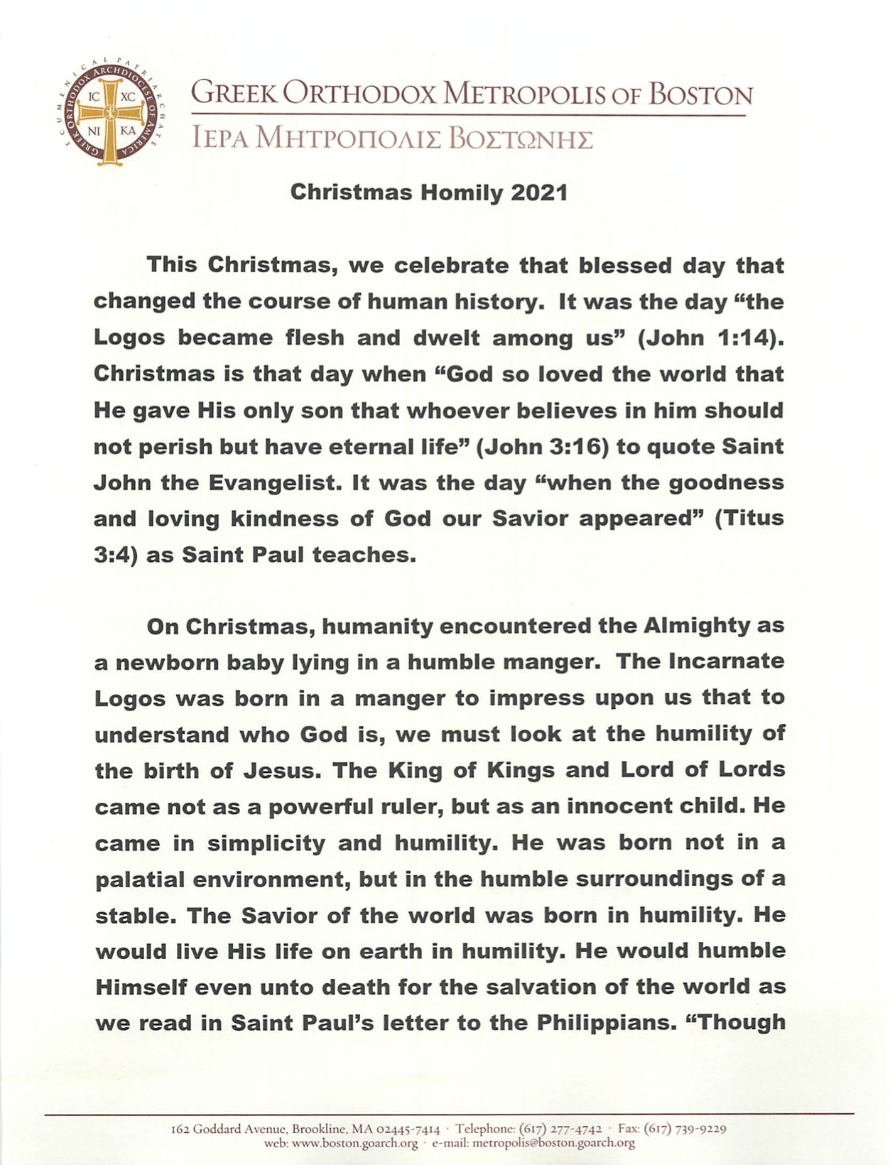 Metropolitan Methodios's Christmas Message and Christmas Homily St